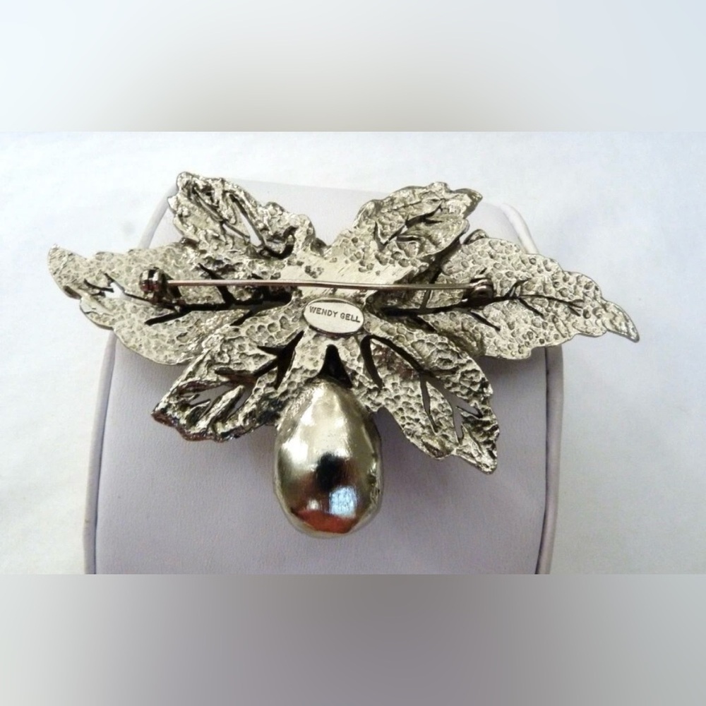 Wendy Gell Vintage Signed 3 5/8" Crystal Flower Leaf Pin Brooch - Picture 4 of 5
